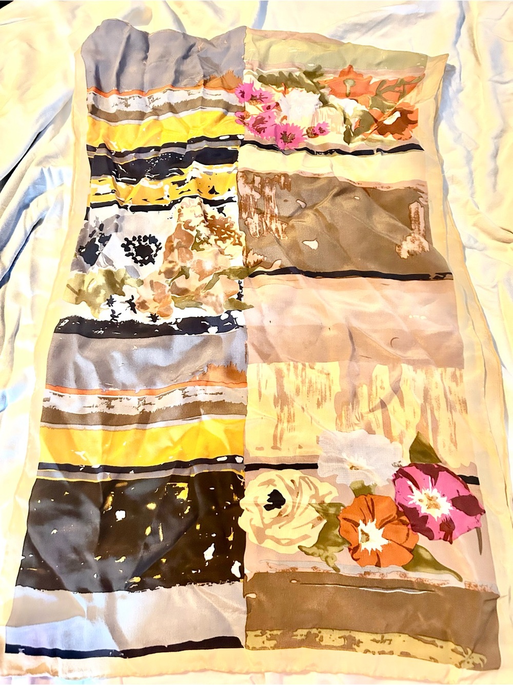 Cocoon House 100% Silk Scarf Floral Patchwork look Neutral Beige Gold